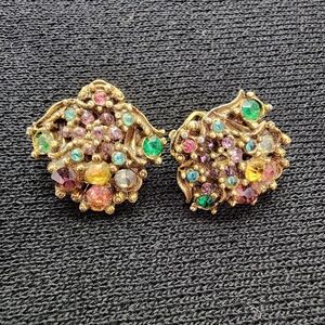 Vintage Multi Color Rhinestone Gold Tone Clip On Earrings